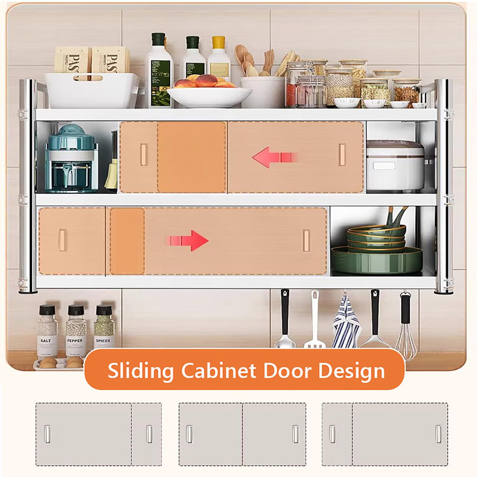 Inless - Armadietto da cucina a parete in acciaio con ante scorrevoli, a 2 ripiani, salvaspazio, per bagno e gas, 80 cm di larghezza x 34,8 cm di profondità x 49,8 cm di altezza