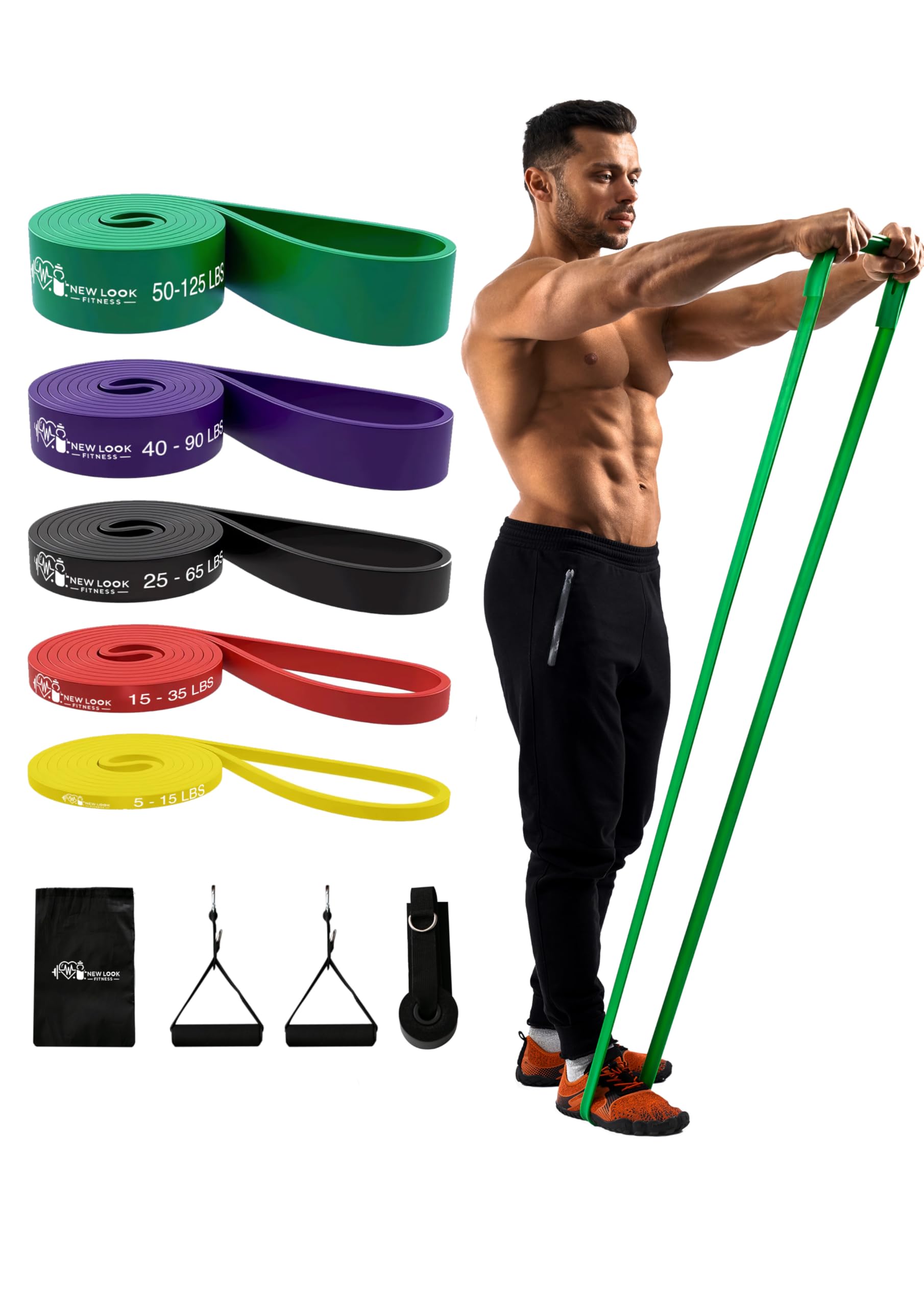 Resistance Bands Set of 5 – Stackable Exercise Bands 10–125 lbs with Handles, Door Anchor, Bag & Guide – Heavy Duty Latex Fitness Bands for Home Gym, Strength Training, Pilates, Rehab