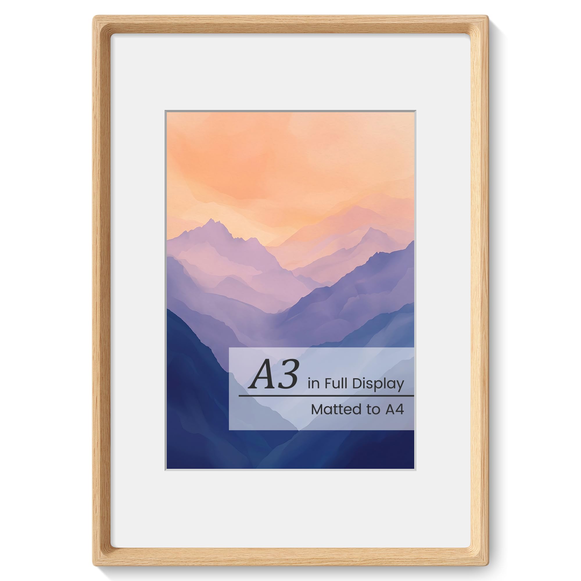 KovaScape Picture Frames, Solid Oak Wooden Frame,Round Corner Hand Craft Photo Frame, A3 Size Matted to A4, A3 Document Diploma Frame with HD Real Glass,Wall or Tabletop Display