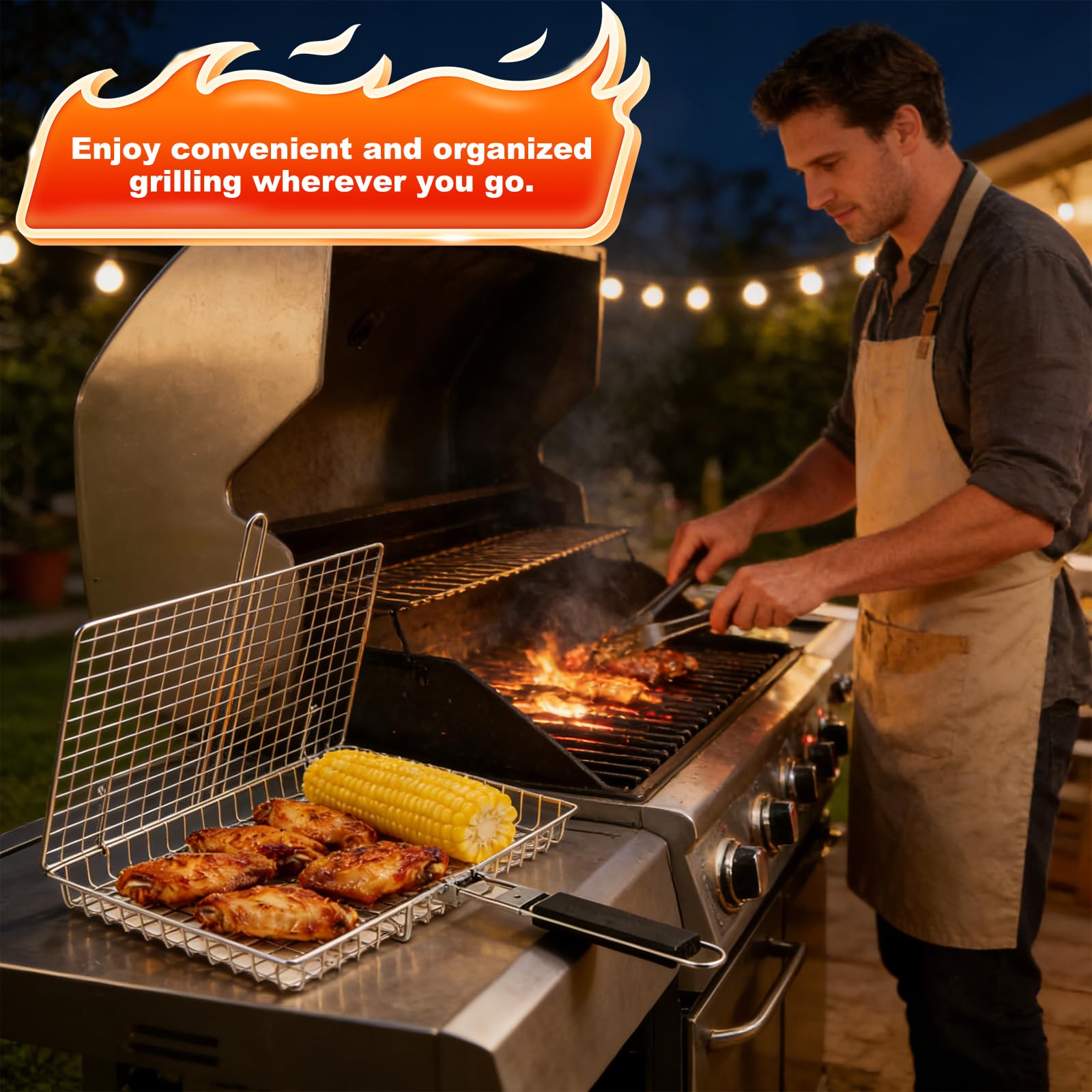 Grillkorb, Faltbare Tragbar Grillkörbe aus Edelstahl mit Aufbewahrungsbeutel, Fischgrillgitter mit Abnehmbarem Griff und Bürsten, Grillhalter für Fisch, Gemüse, Fleisch