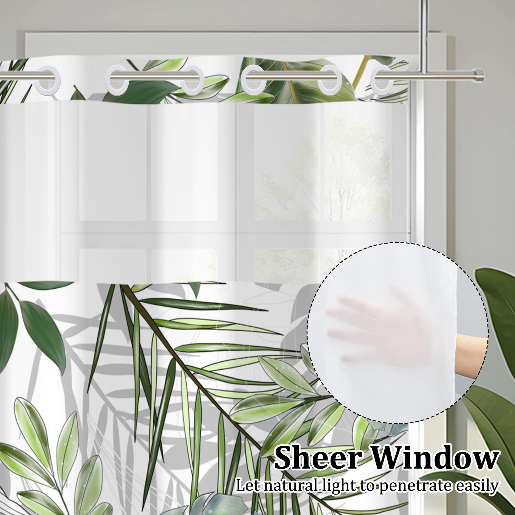 Duschvorhang ohne Haken, mit einrastbarem Innenfutter, doppellagig, wasserdicht, waschbar, Stoff mit durchsichtigem Netzfenster oben, für Badezimmer, Hotel, 180 x 200 cm