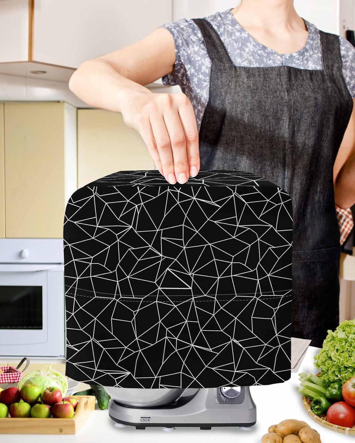 Black Geometric Stripes Stand Mixer Cover with Storage Pocket, Waterproof Kitchen Mixer Covers, Modern Minimalism Abstract Lines Kitchen Appliance Dust Cover Compatible with 4/4.5 Quart Mixers