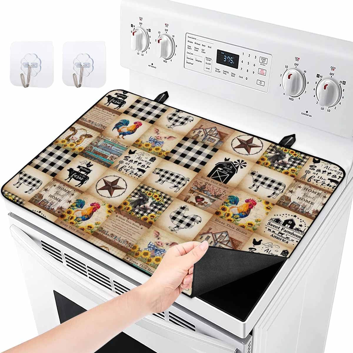 Vintage Bohemian Stove Cover for Electric Stove, Farmhouse Tribe Art Brown White Stove Top Cover for Glass Top, Heat Rubber Mat Foldable Cooktop Cover Top Protector, 28.5"x20.5"
