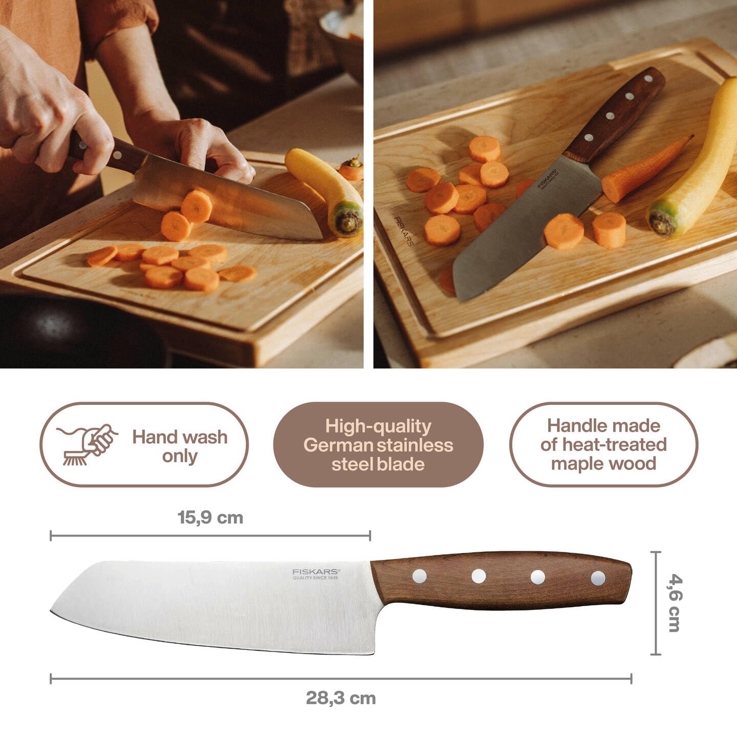 Fiskars Folken Santoku knife 16cm FSC​ | Niemieckie ostrze ze stali nierdzewnej, uchwyt z drewna klonowego z certyfikatem FSC, 1075694