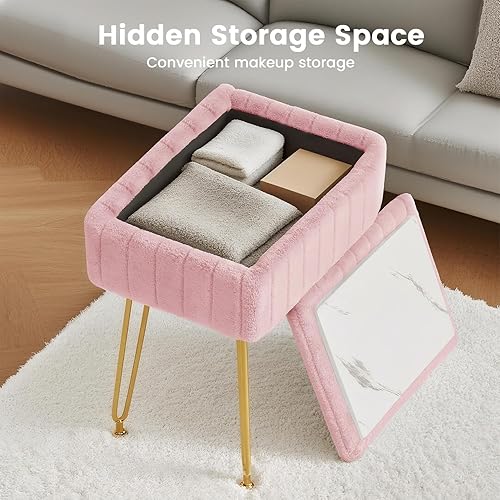Miniatura 4 de Taburete de tocador con almacenamiento, silla de tocador rosa, 4 patas de metal con pies antideslizantes, asiento acolchado suave de piel sintética,