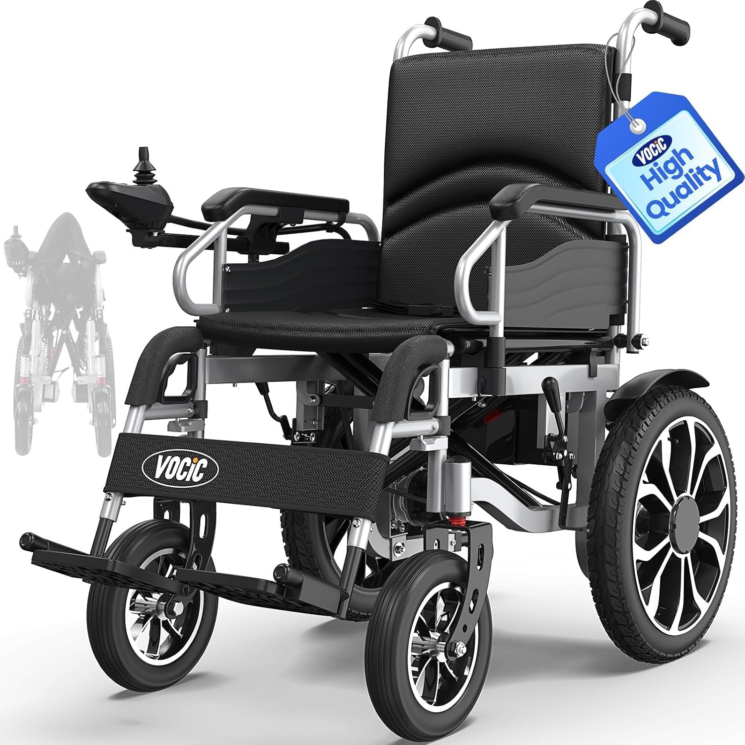 VOCIC Silla de ruedas eléctrica plegable ligera hasta 150 kg, 30 km, silla de ruedas eléctrica para exteriores con neumáticos de goma de 40 cm para todo terreno, fácil de transportar (gris plateado)