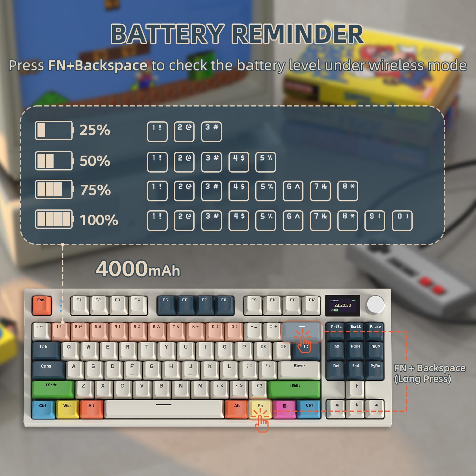 VGN GAME POWER RK86PRO mechaniczna klawiatura gamingowa, bezprzewodowa, 75% procent TKL, 2,4 G bezprzewodowy/Bluetooth/USB-C, RGB Gasket Keyboard M75 QWERTY, kolorowy wyświetlacz, pokrętło