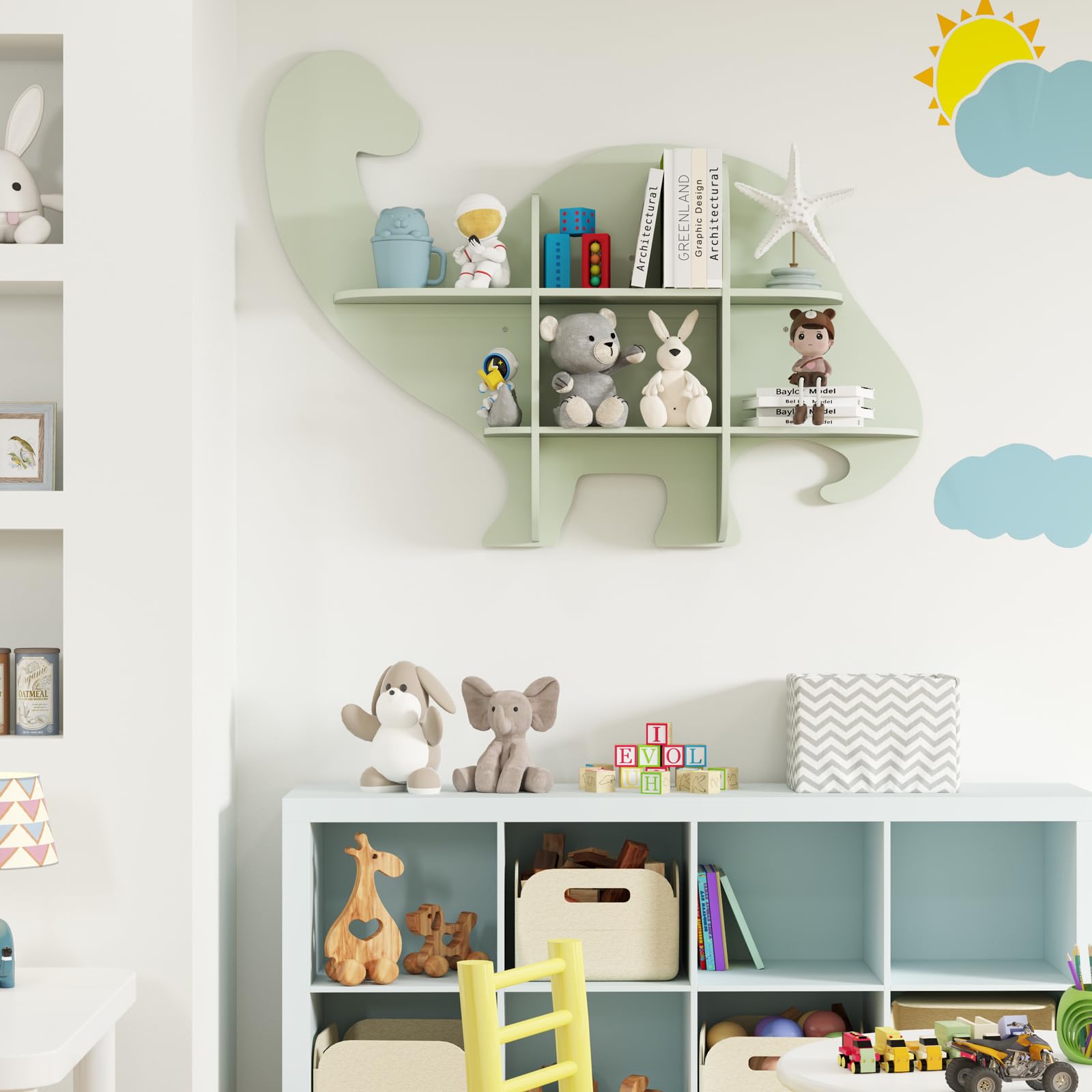 COSTWAY Libreria da Parete per Bambini a Forma di Dinosauro, Mensola a 2 Ripiani in Legno da Appendere, Scaffale da Parete per Camera dei Bambini Camera da Gioco Asilo, 105,5x16x78,5 cm