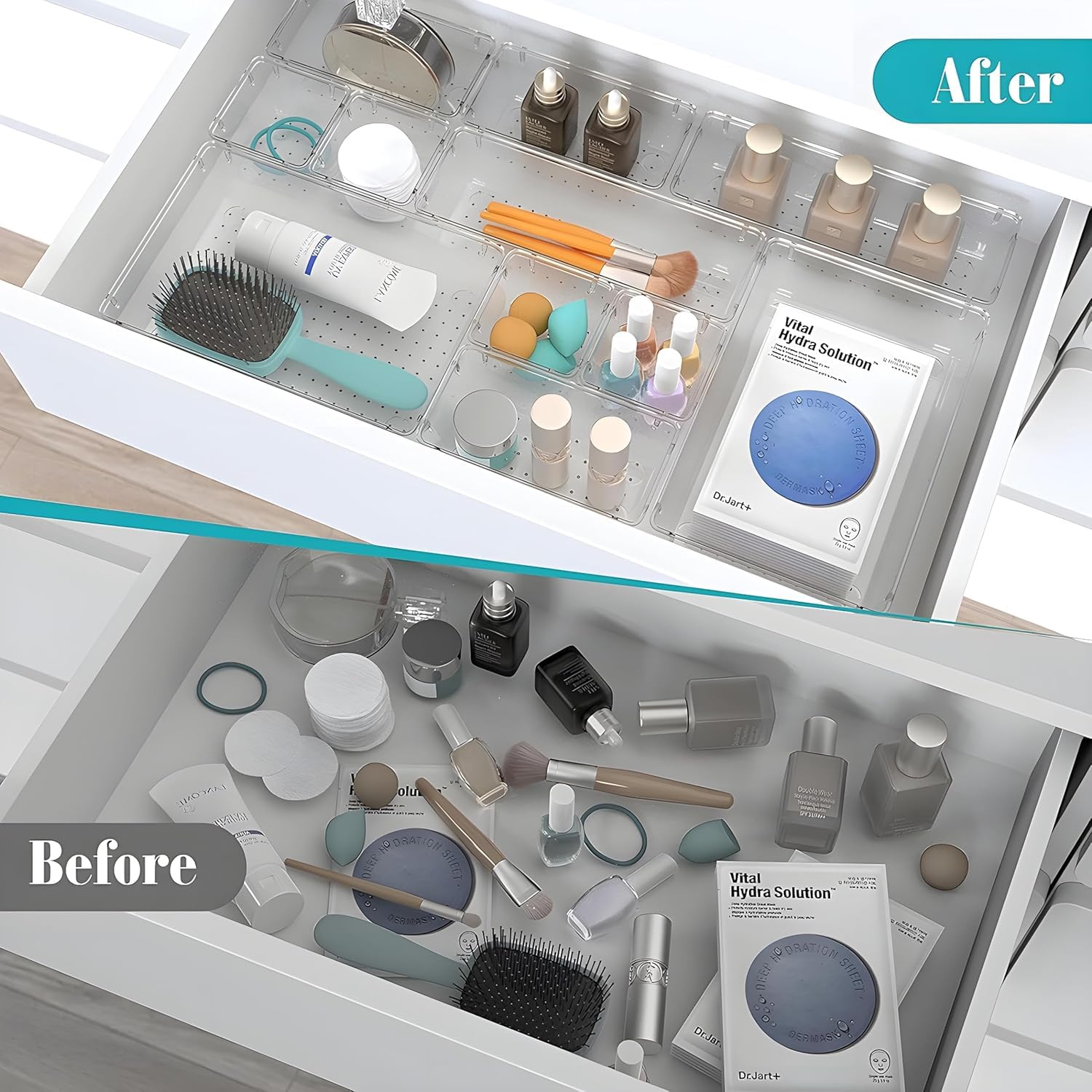 Kuber Industries Set organizer da cucina, set di vassoi organizer per trucchi, vassoio divisorio per cassetto da scrivania, set organizer multiuso, organizer per cancelleria, set da 16 pezzi,