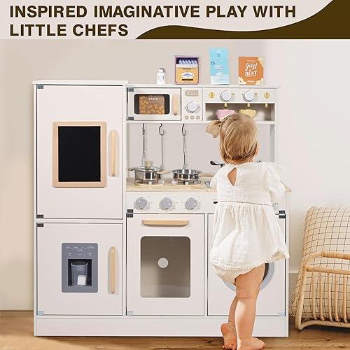 Miniatura 6 de Juego de cocina de madera para niños pequeños, juego de cocina de juguete para niñas y niños, con accesorios de cocina