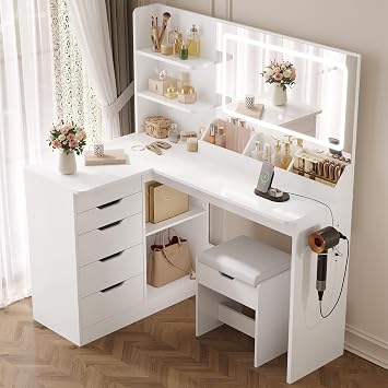TRIUMPHKEY Dressing Table with Stool,Vanity Desk with 5 Drawers,Power Outlet,Corner Makeup Table with 3 Colors LED Mirror,Open Shelves,Bedroom Furniture for Women Girls [Energy Class E]