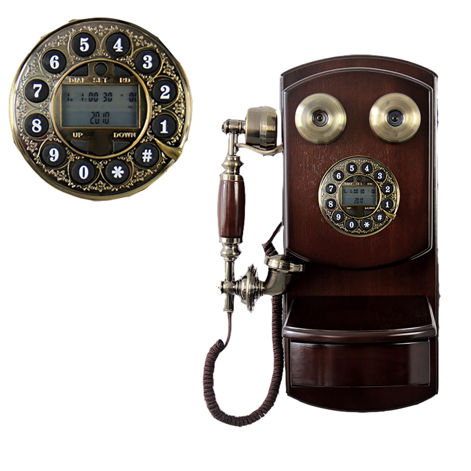 Drewniany telefon ścienny w stylu vintage, z obrotową tarczą, funkcja połączeń bez użycia rąk, dekoracja retro, do domu, salonu, biura, kawiarni