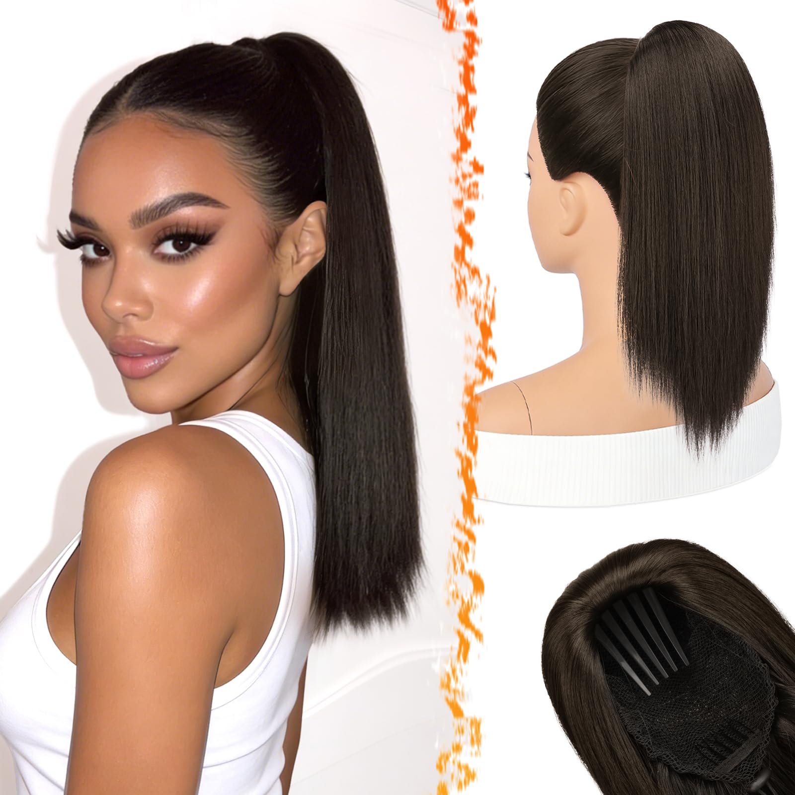 BARSDAR Glattes Pferdeschwanz Haarteil, 40cm Kurze Glattes Dunkel Braun Ponytail Extension mit Kordelzug Natürlich Aussehen Synthetische Cheer Posh Pferdeschwanz Verlängerung Party Cheer Competition