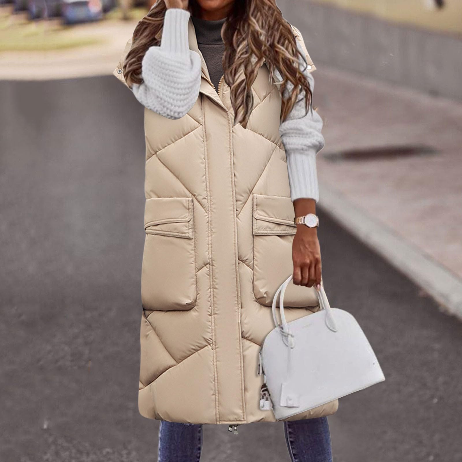 Generisch Piumino oversize da donna, cappotti lunghi e soffici con cappuccio, cappotti invernali, senza maniche