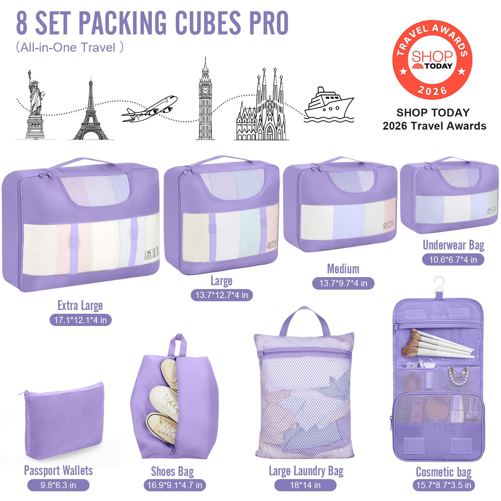Veken 8 Set Packing Cubes for Travel Essentials,Anti-Wrinkle Buckled Suitcase Organizer for Shoe & Toiletry Bag,Carry On Luggage Bag with 99+ Count Mesh Holes for Airplane & College Dorm Accessories view 2