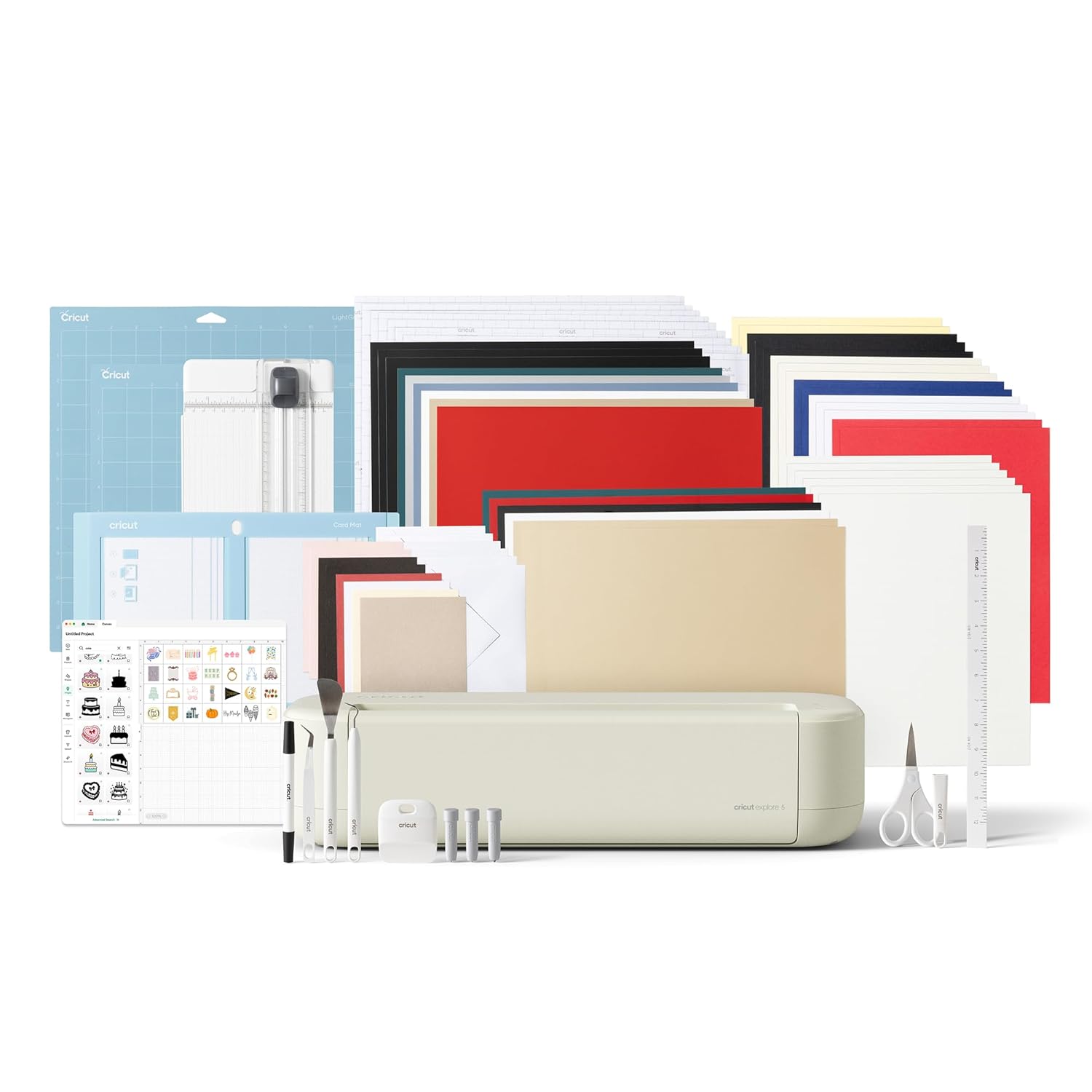 Cricut Explore® 5 Deluxe Bundle + $100 Digital Content, Taupe - Precise Cutting Machine - Works w/100+ Materials - Sleek Design - Includes Supplies for 100 Projects + Additional Bonus Digital Content