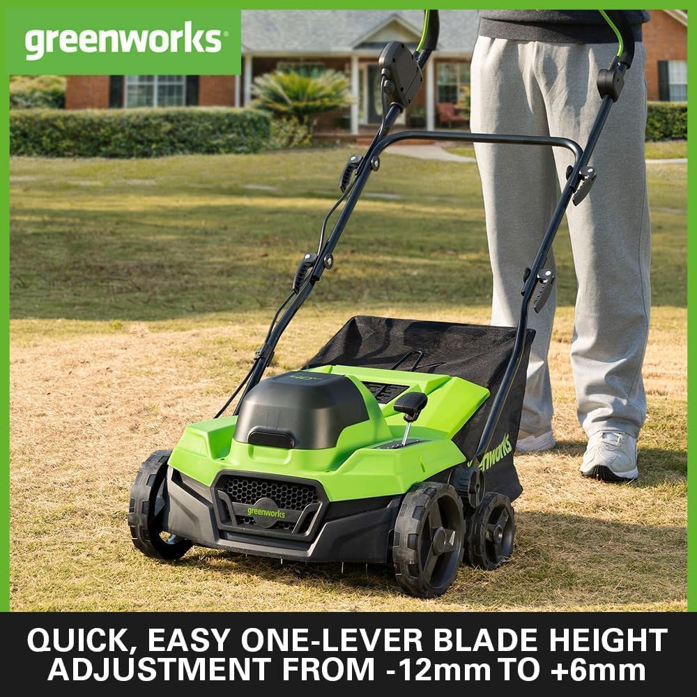 Greenworks 40V Râteau Scarificateur Aérateur Gazon sans Fil Moteur sans Balai, 3100 TR/Min, Largeur Travail 38 cm, 5 Profondeurs, Bac Ramassage 45L,5Ah Batterie ni Chargeur, Garantie 3 Ans