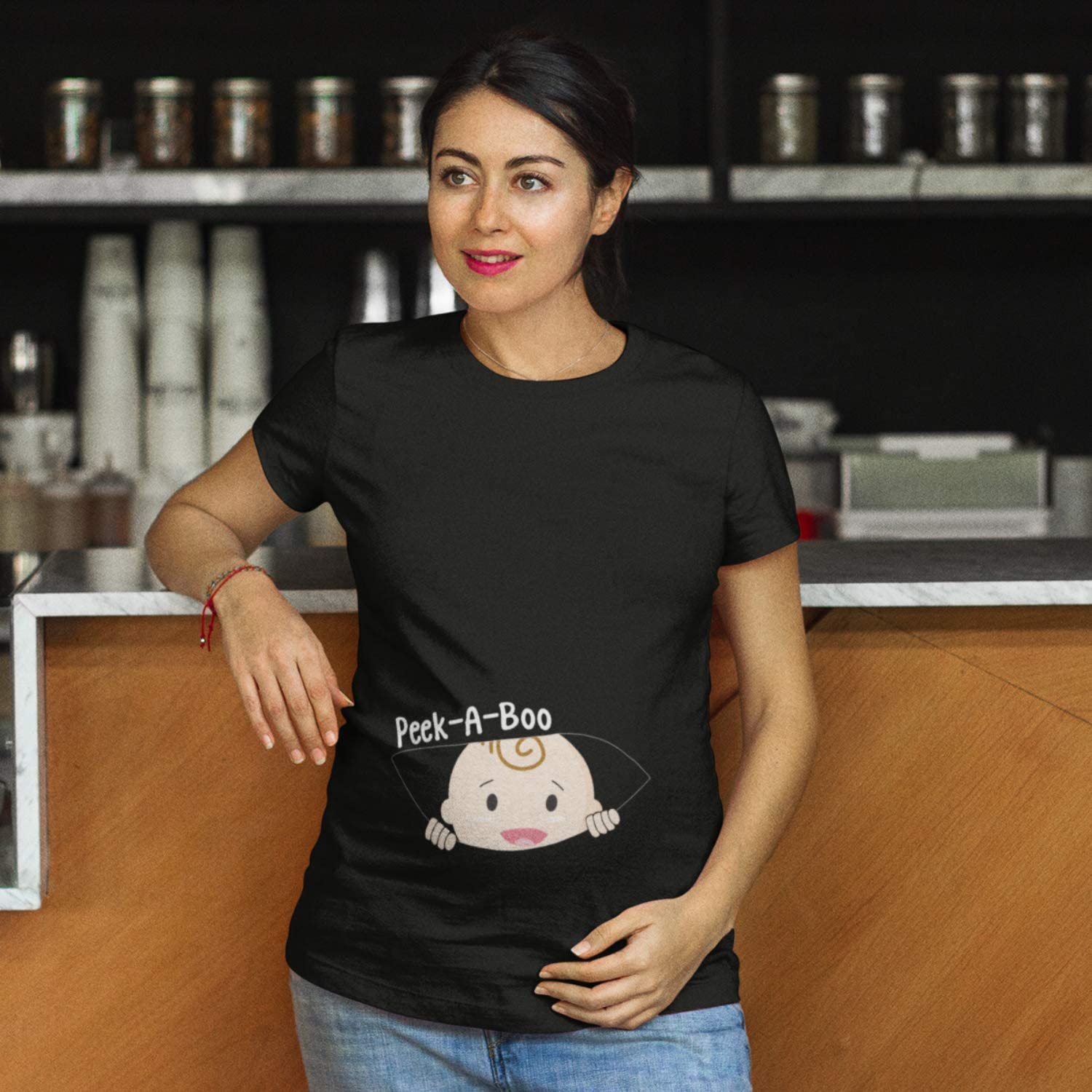 TheYaYaCafe Mothers Day Peek a Boo Baby Women's Pregnancy Maternity T-Shirt Top Tee Round Neck Half Sleeves Black Large 1