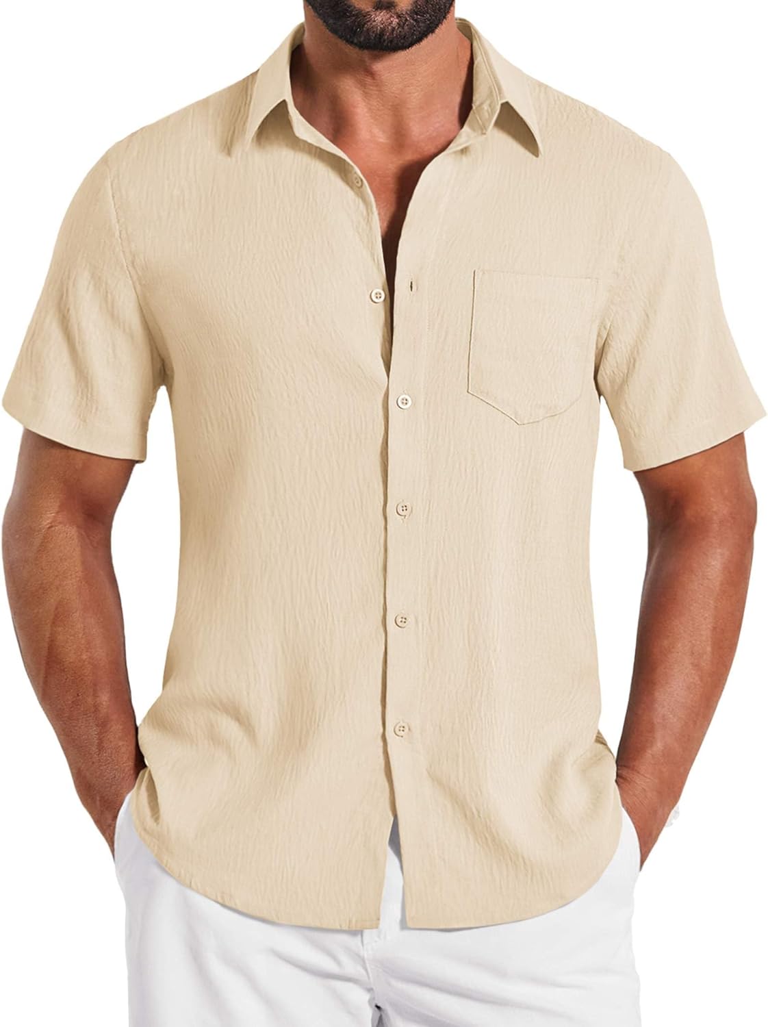 COOFANDY Mens Button Down Shirts Short Sleeve Shirt Casual Summer Beach Textured Shirts with Pocket
