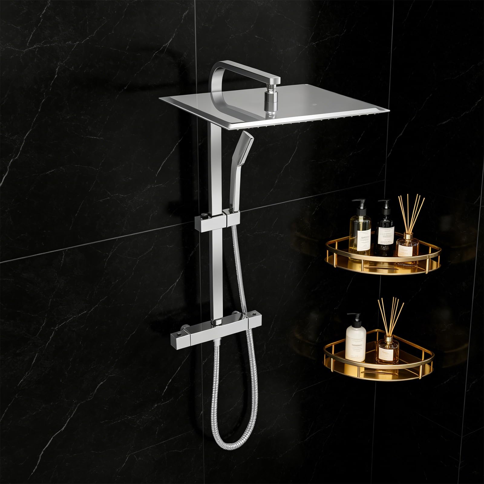 Termostat system prysznicowy 40 × 40 cm, głowica prysznicowa 360° ze słuchawką prysznicową, regulowana wysokość, z mosiądzu i stali nierdzewnej chromowana deszczownica