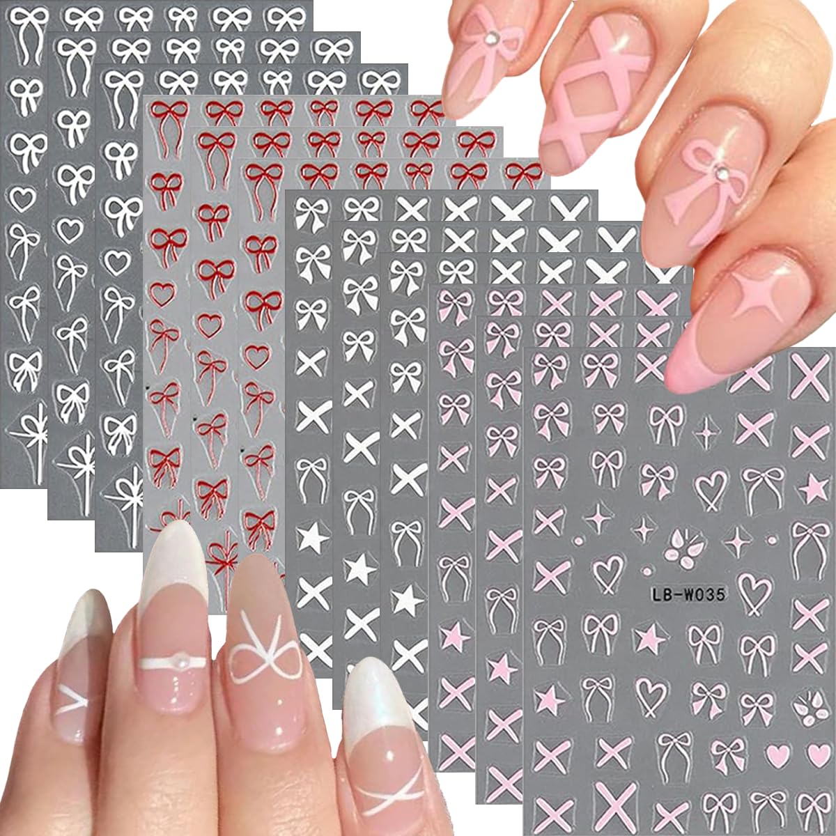 12 Sheets Bow Nail Stickers for Nail Art White Red Pink Bow Nail Decals 3D Self Adhesive Heart Nail Art Stickers Bow Nails Art Supplies for Women