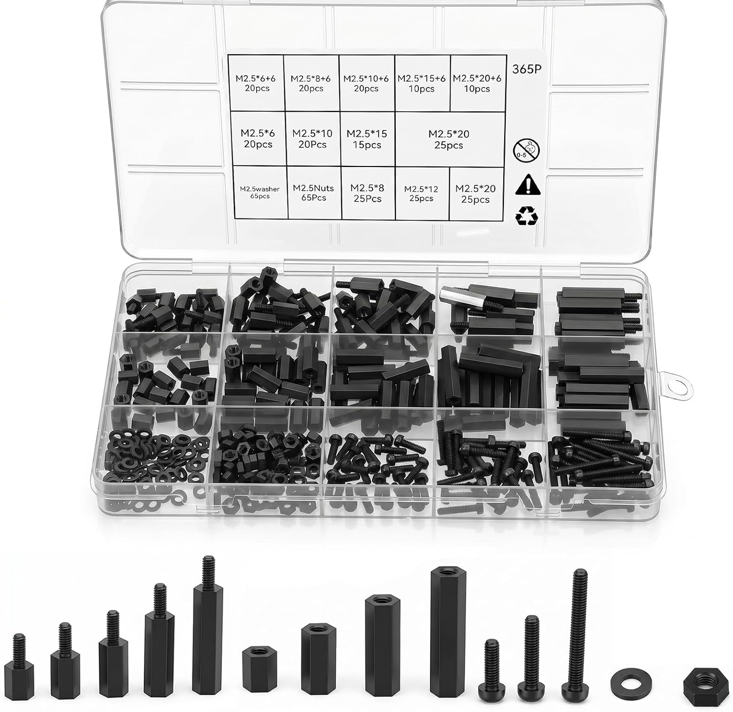 365PCS M2.5 Black Male Female Nylon Hex Spacer Standoff Screw Nut Set Assortment Kit, Standoff Kit with Spacers Screws Nuts for Pcb Motherboard, Circuit Board, Electrical Screws Switch, Receptacle