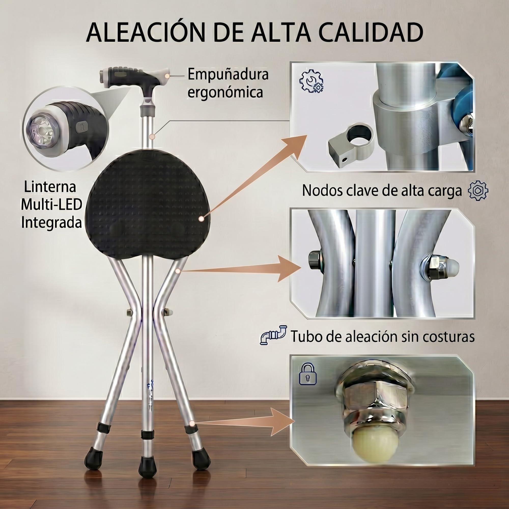 Bastón con Asiento Plegable - Silla portátil Ligera para Descansar piernas y Rodillas, Bastón para Personas Mayores con luz LED y 3 Patas Antideslizantes, Ideal Paseos y Compras, Negro