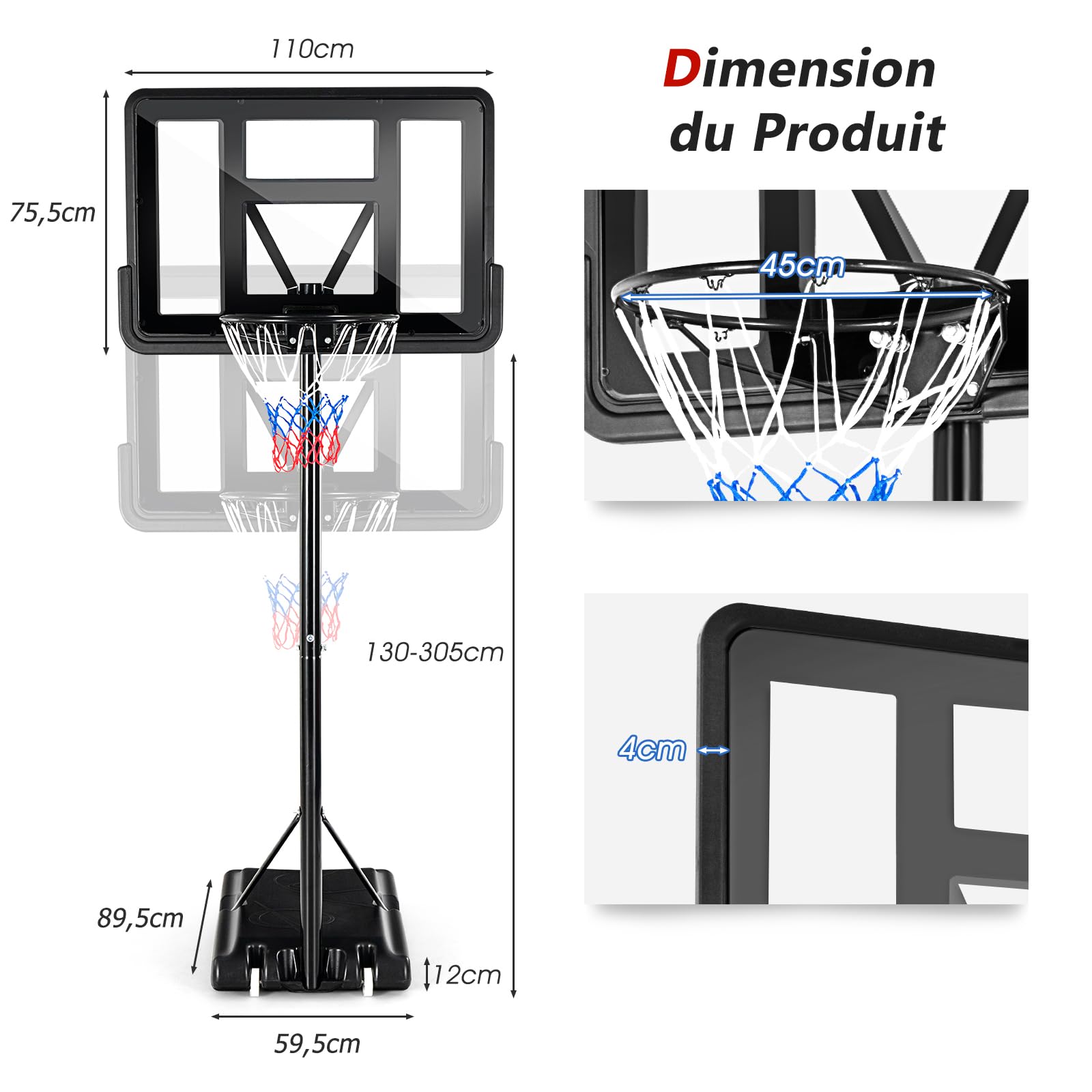 GYMAX Panier Basket Extérieur pour Enfants Adultes, Hauteur Réglable 130-305CM, Mobile Portable avec Roues, Base Stable Remplissable, Panneau Anti-bris