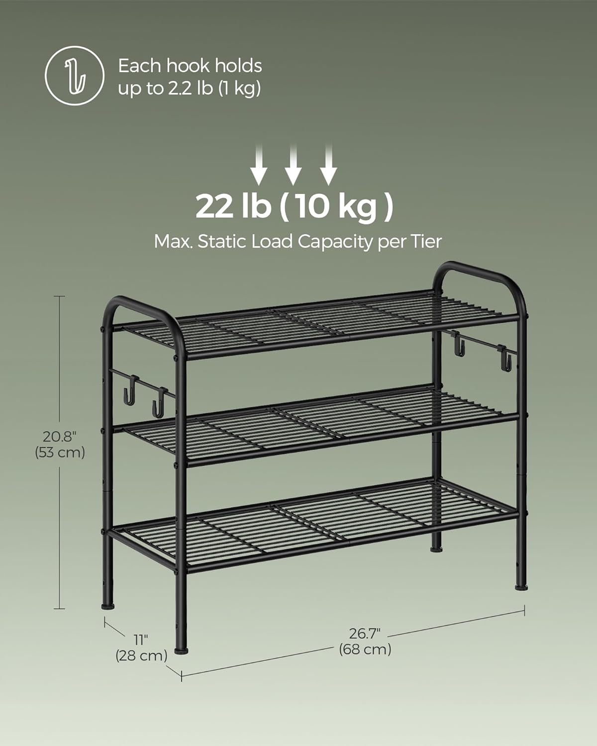 SONGMICS Shoe Rack, 3-Tier Shoe Organizer, Metal Shoe Shelf Storage with 4 Side Hooks, Holds 12 Pairs of Shoes, Height-Adjustable Shoe Rack for Entryway, Hallway, Closet, Ink Black ULMR068B01