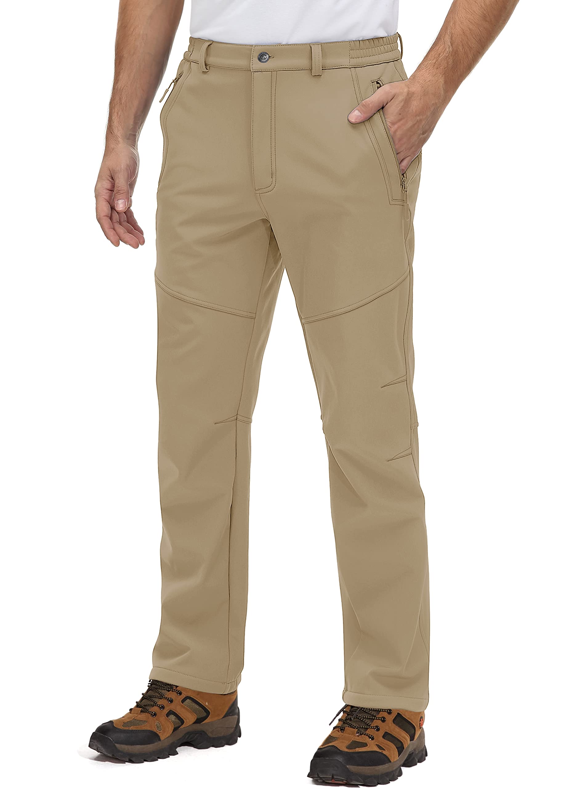 TACVASENMens Waterproof Trousers Softshell Fleece Lined Walking Trousers Hiking Winter Trousers Warm Outdoor Work Pants with Zip Pockets
