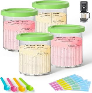 GuanQiao 4 Pack Creami Deluxe Pints & Lids for Ninja, 24 Oz Compatible with NC500 NC501 Series Ice Cream Makers, with 4 Spoons & 64 Writable Labels, BPA-Free & Dishwasher Safe, Green