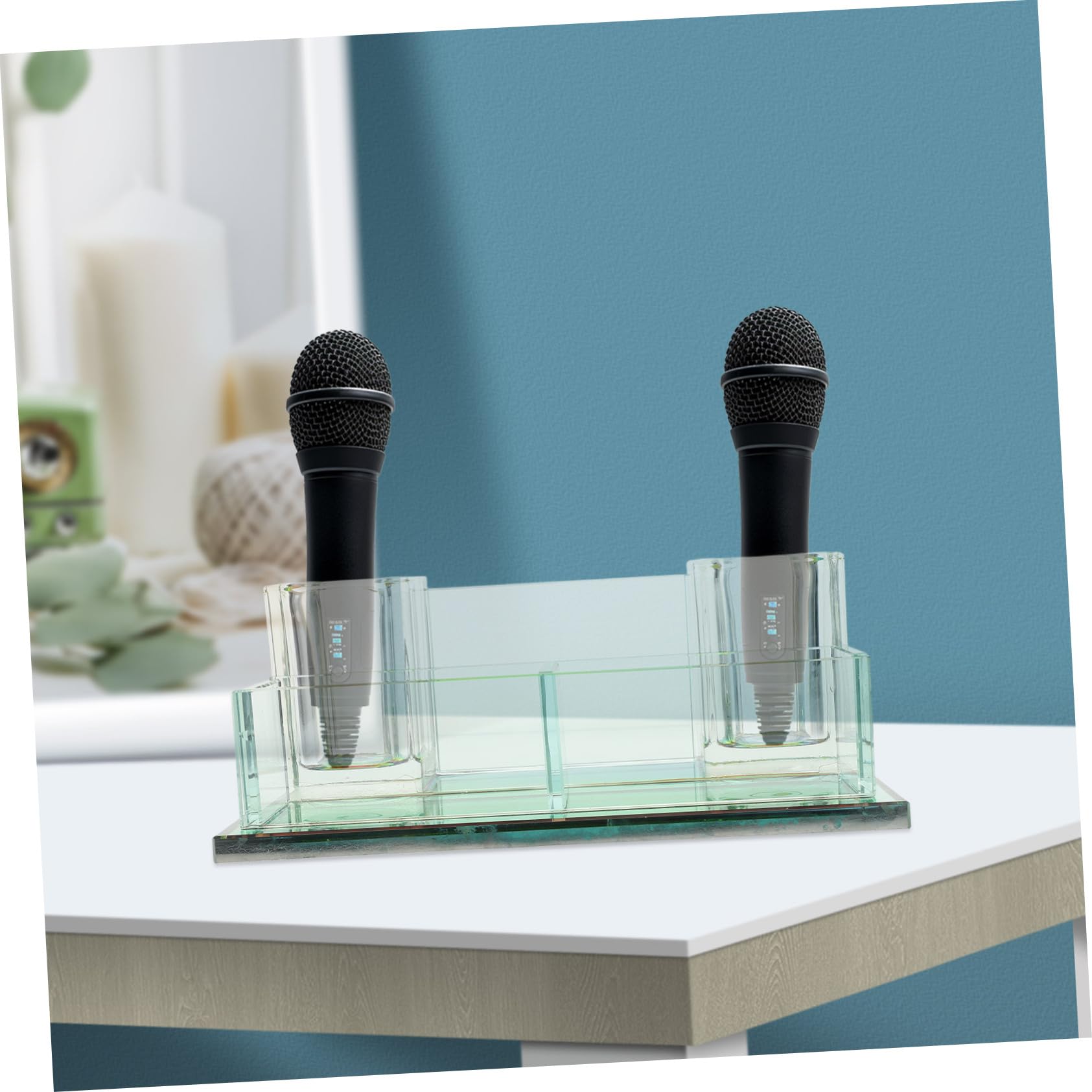 Base per Microfono da Tavolo in Cristallo a 2 Slot | Supporto Stabile per Microfono Wireless, Adatto per Casa e Spettacoli, Struttura Compatta Salvaspazio
