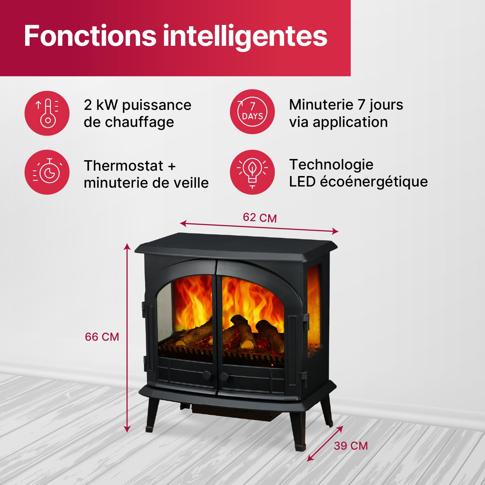 Dimplex Emberly Cheminée Électrique Autoportant 3 Faces Cheminee Electrique Effet Flamme LED Optiflame Chauffage 2 KW Activable Commande Via Télécommande et Application