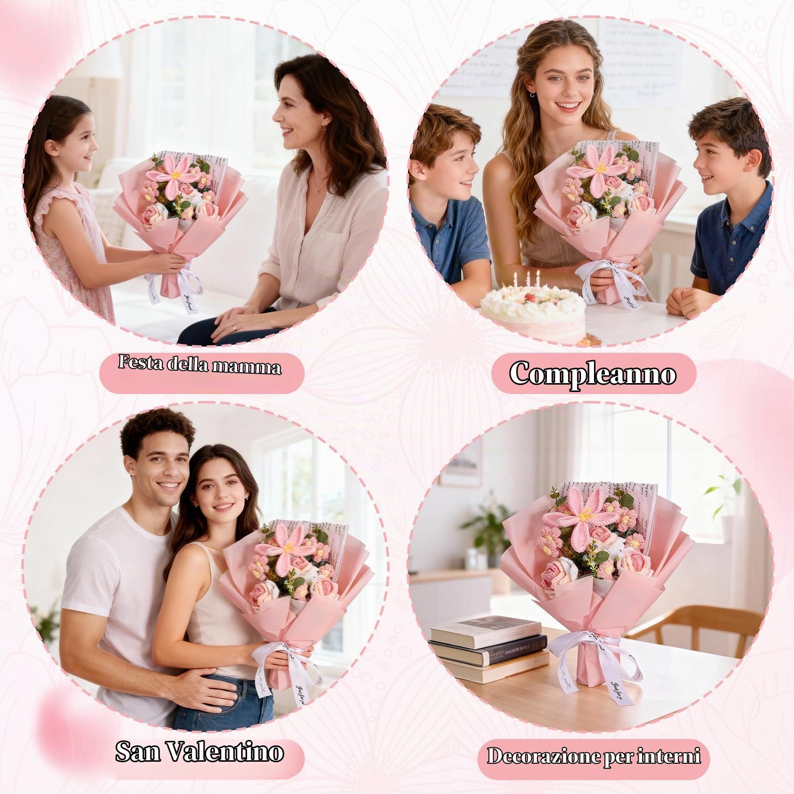Bouquet Fiori Uncinetto, Fiori Artificiali Adatti come Idee Regalo per Festa della Mamma, Natale, Anniversario, Matrimoni, Compleanni e Decorazioni Domestiche, Completo di Sacchetti Regalo (Tulipano)