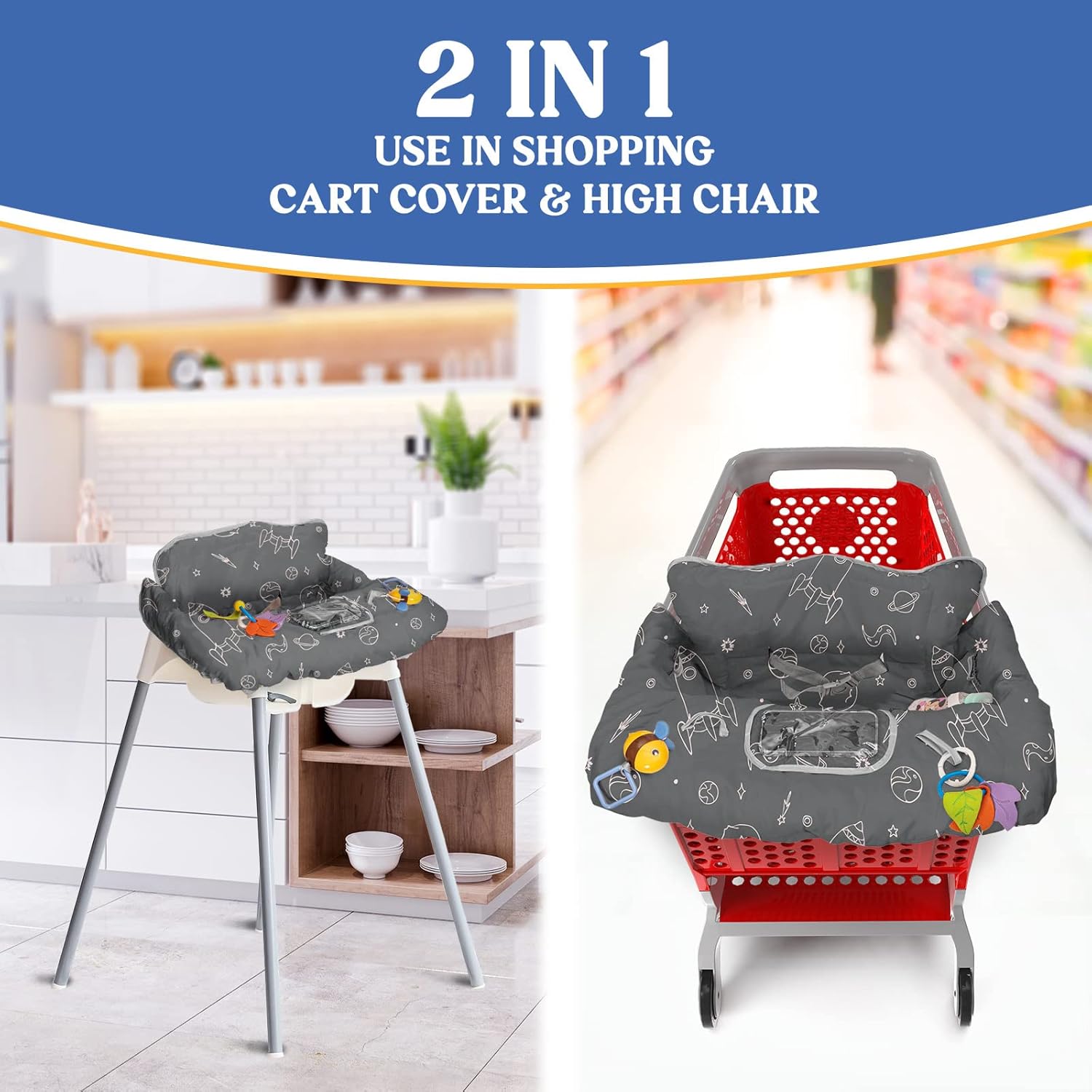 PILLANI Space Travel Bundle: Kids Car Tray & Shopping Cart Cover