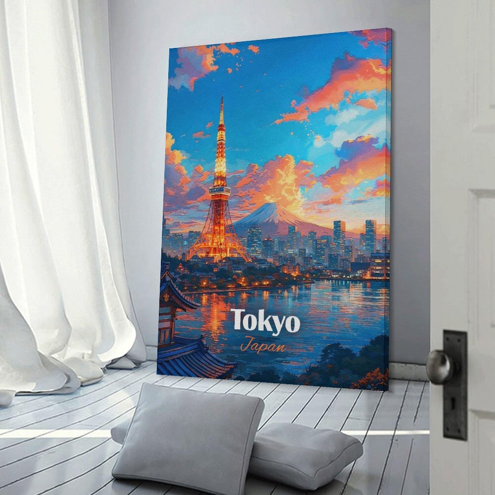 Junmoney Tokyo Cityscape with Mount Fuji(3) Canvas Wall Art 20x30inch(50x75cm), for Study, Office Or Focused Interiors, Home Office Artwork with Decorative Appeal