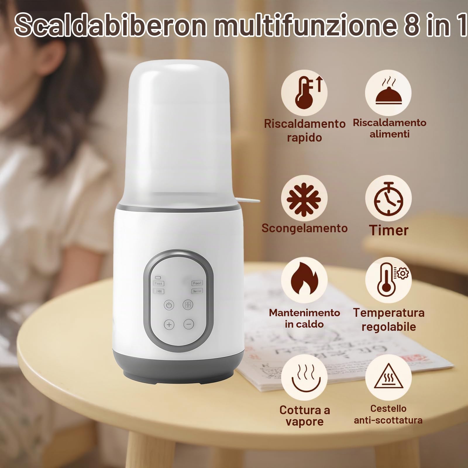 8 in 1 Scaldabiberon e Sterilizzatore Biberon,Scaldabiberon per Biberon Elettrico con Display LCD,Touchscreen Termostato Intelligente e Spegnimento Automatico(Bianco)