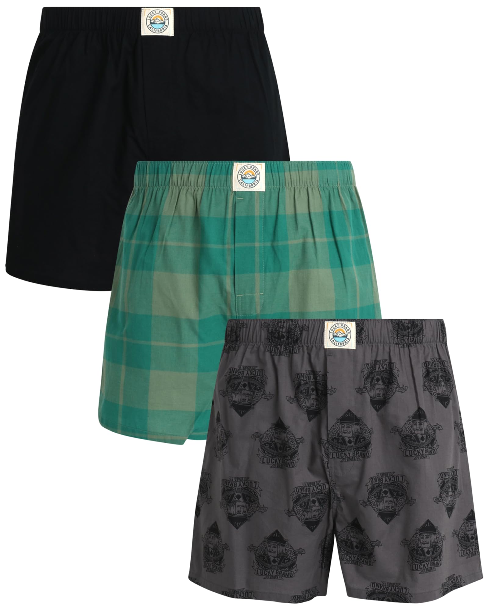 Lucky Brand Men's Underwear - Classic Woven Boxers with Functional Fly (3 Pack), Size Medium, PlaidSmoked Pearl PrintJet Black