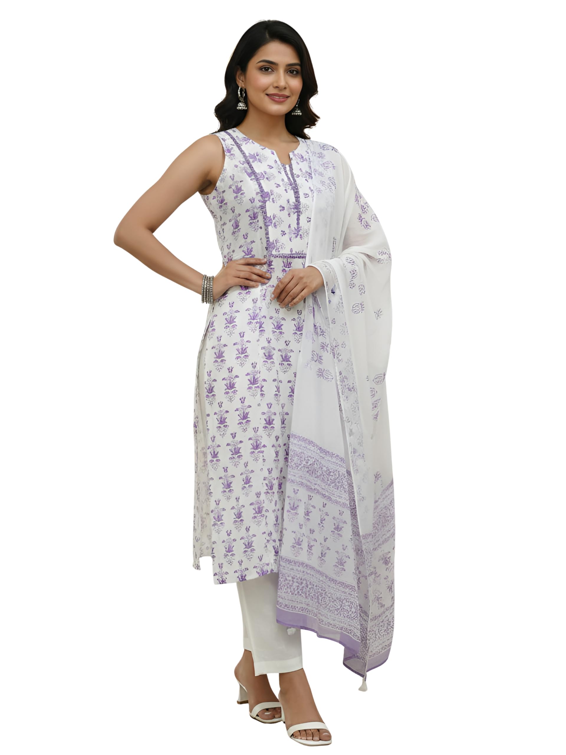 yash gallery Women’s Cotton Printed Sleeveless Straight Kurti with Pants and Dupatta (Blue)-picture-40