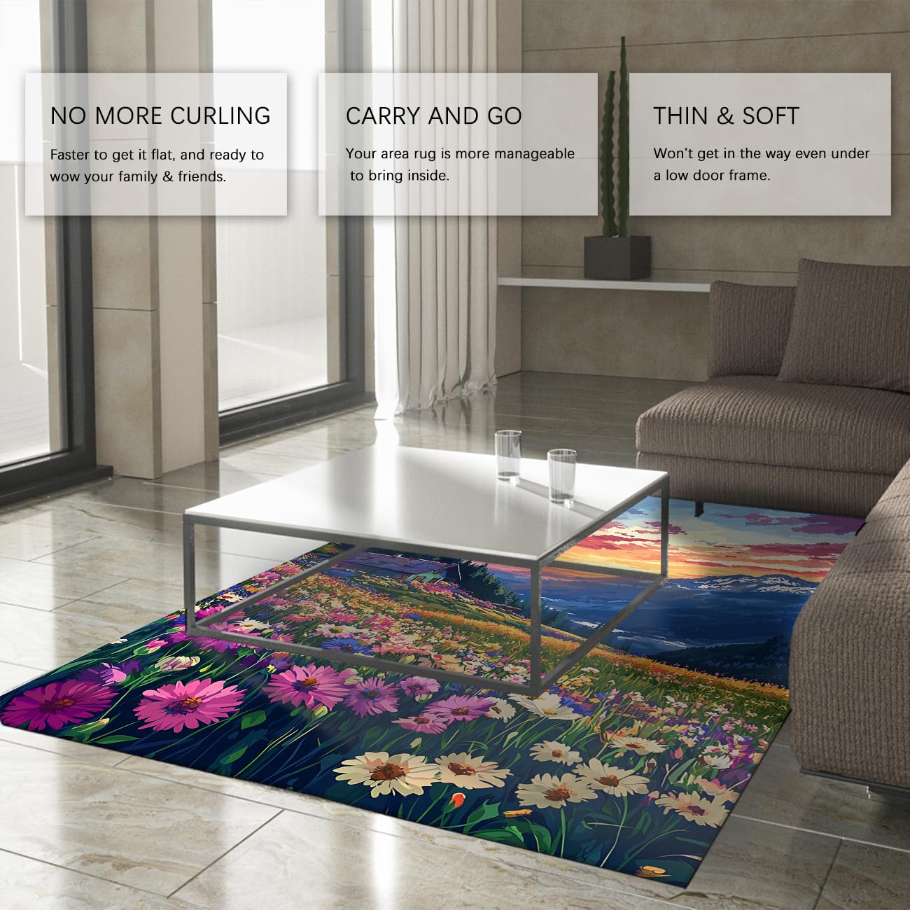 Tapis de Champ Fleurs Marguerites Plantes Naturelles Tapis antidérapant Montagne Coucher de Soleil Paysage Peinture paysagère Art Tapis de Sol intérieur Tapis pour Salon Chambre 160x200cm