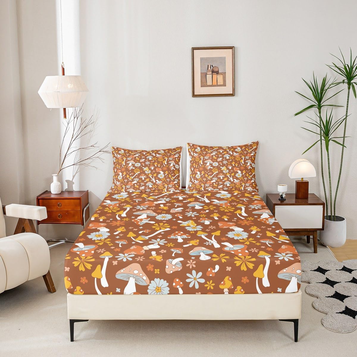 Cartoon Mushrooms Fitted Sheet,Full Size Farmhouse Style Rustic Plants Collections,Trippy Mushroom Bedding Deep Pocket for Children Teens Young with 2 Pillowcases(No Flat Sheet)