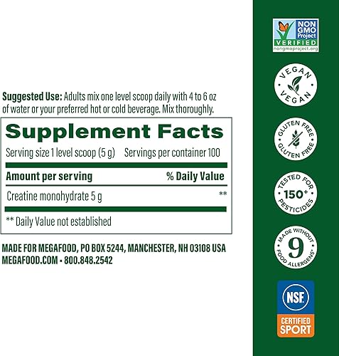Miniatura 2 de MegaFood Polvo de monohidrato de creatina micronizada, polvo sin sabor para después y antes del entrenamiento para hombres y mujeres, soporte