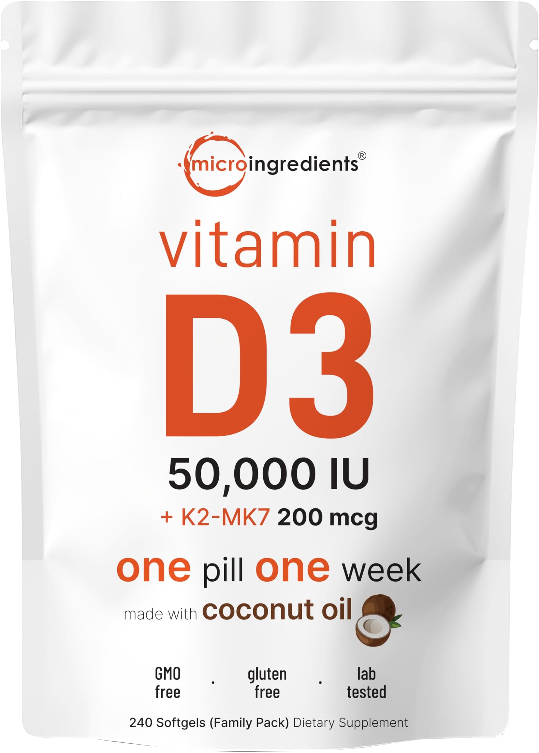 Micro Ingredients Vitamin D3 50,000 IU + K2 MK-7 200 mcg, 240 Softgels | Virgin Coconut Oil | 2-in-1 Support | Easy to Swallow, Non-GMO
