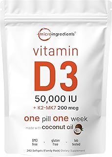 Micro Ingredients Vitamin D3 50,000 IU + K2 MK-7 200 mcg, 240 Softgels | Virgin Coconut Oil | 2-in-1 Support | Easy to Swallow, Non-GMO