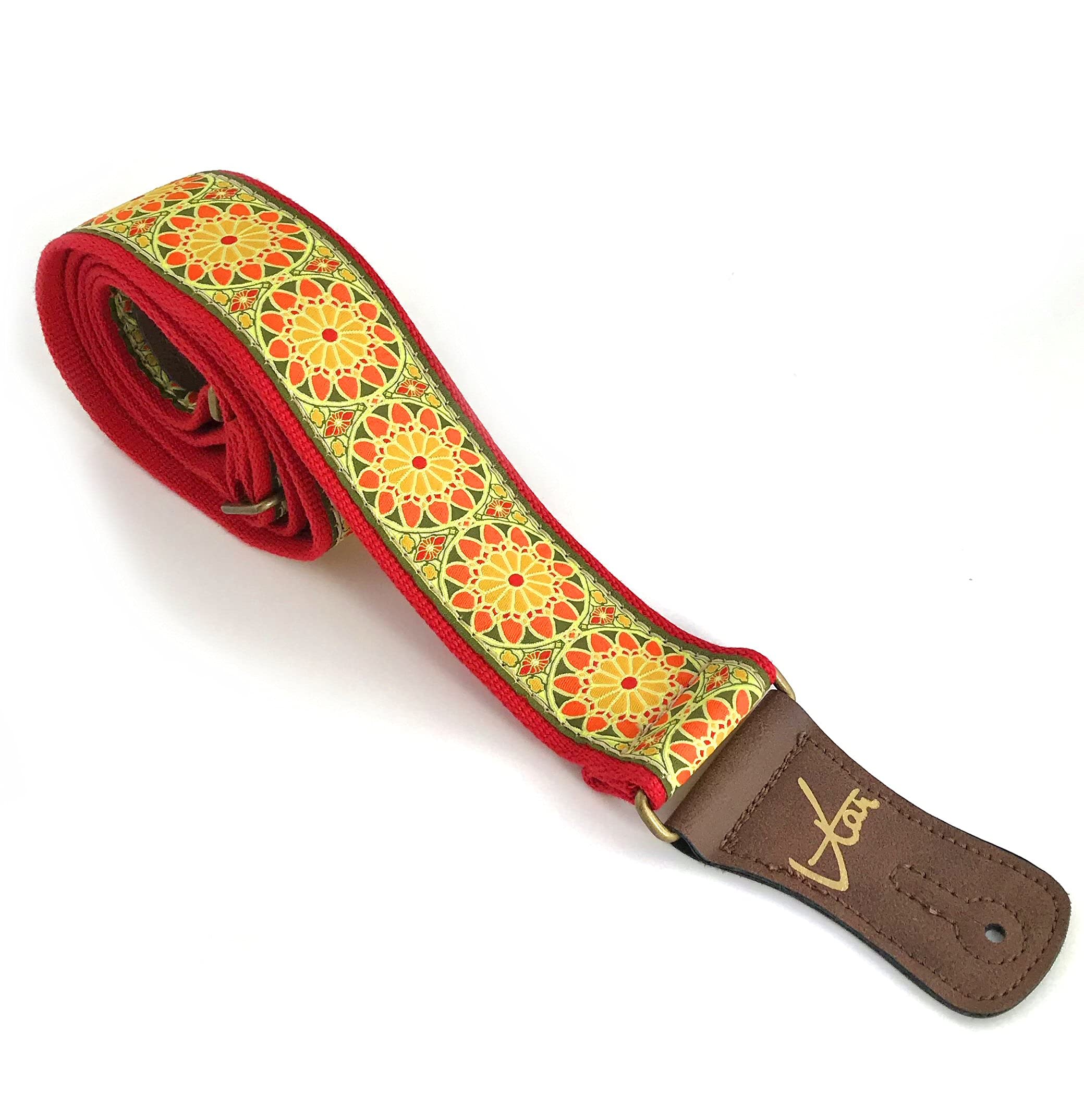 Handmade Floral Psychedelic Hemp Guitar Strap with Brass Details and Brown Vegan Leather by VTAR (Rubber Soul)
