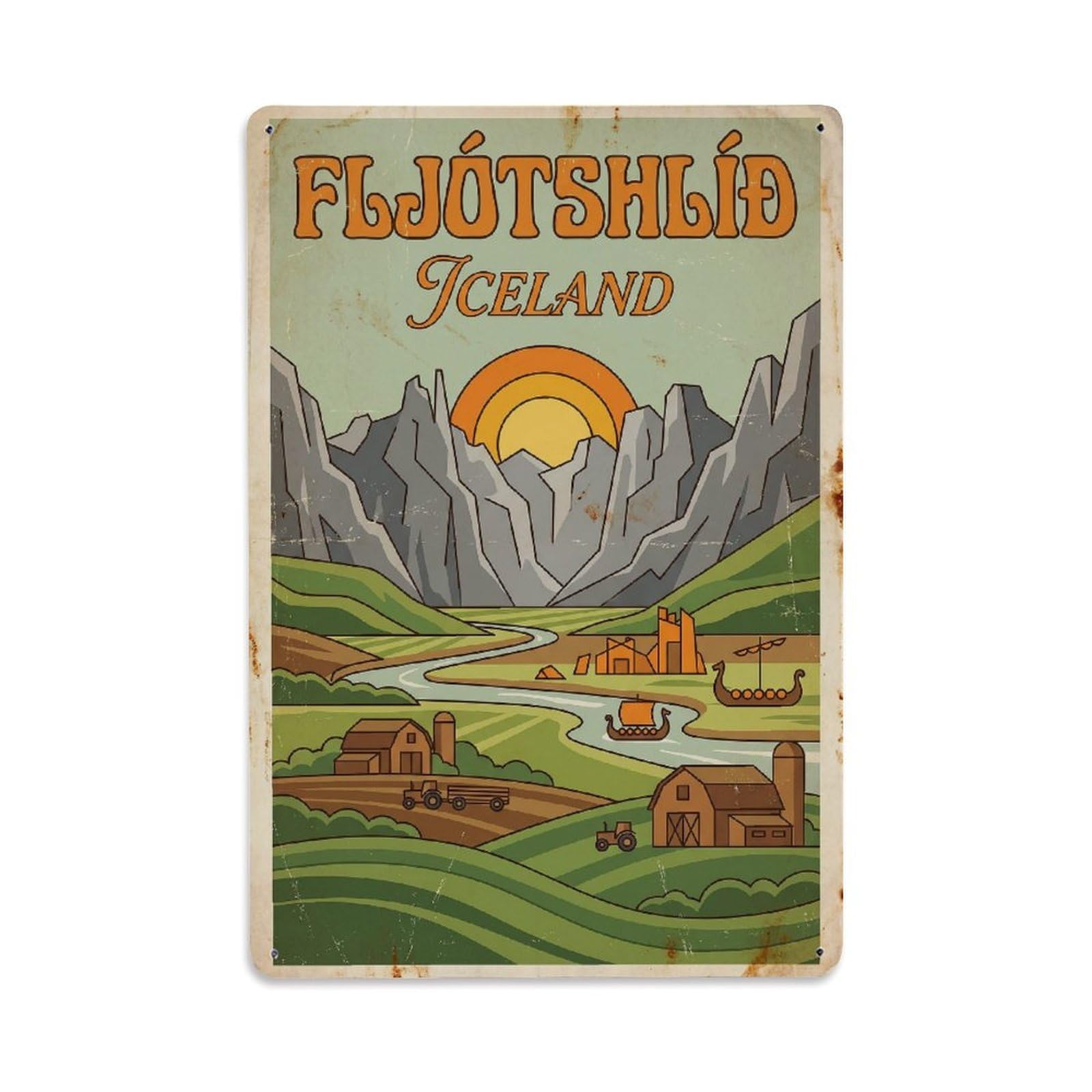 Gead 8X12inch Style Vintage Travel Fljotshlio Iceland Valley Metal Tin Sign