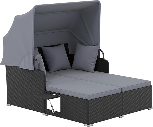 Tangkula Patio Rattan Daybed with Retractable Canopy, Outdoor Wicker Sunbed Lounger with 2 Foldable Side Tables, Thick Seat & Back Cushions, Outside Double Daybed for Garden, Backyard, Porch (Grey)