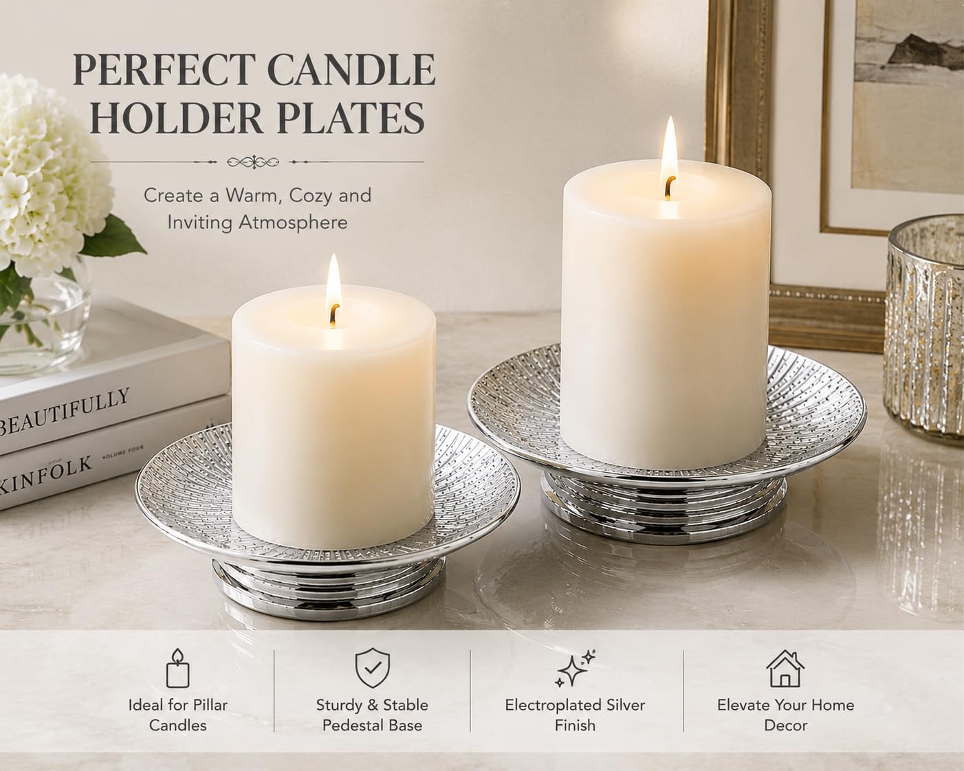Silver Ceramic Decorative Tray Set of 2, Electroplated Sunburst Jewelry Trays, Pillar Candle Holder Plates, Soap Dishes & Trinket Trays for Bathroom, Vanity, Bedroom & Home Decor image 3