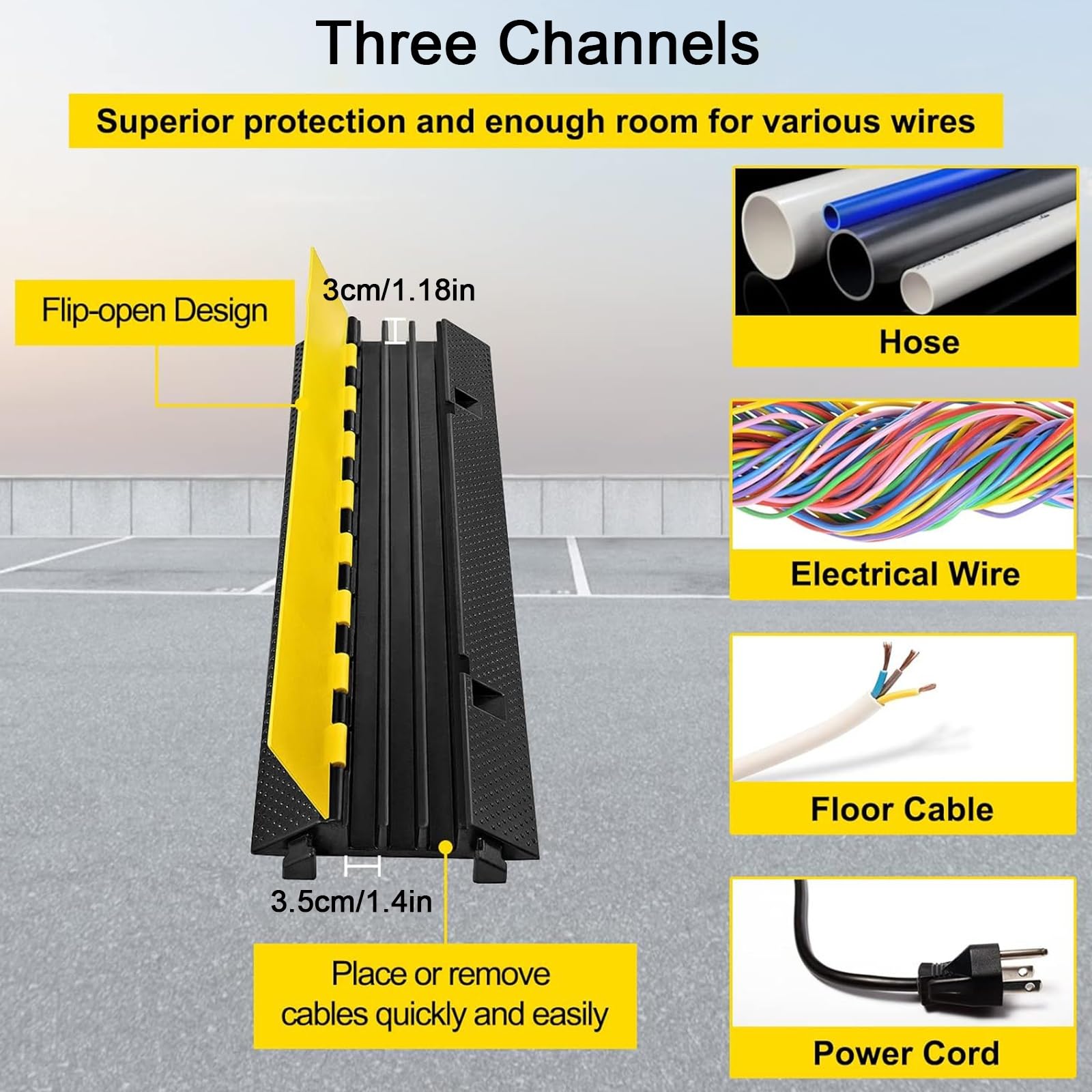 Pasacables de Suelo para Proteger Las Cables Protector de PVC de 3 Canales Duradera con Cubierta Superior Abatible, Capacidad de Carga de 5000 Kg