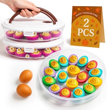 77L 2-Pack Deviled Egg Container with Lid 34-Egg Platter with Handle, Stackable & Portable Carrier for Parties, Holidays, Camping, and Fridge Storage